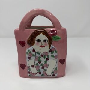 Vintage Bella Casa Pamela Purse Vase Susan Paley‎ Ganz Pink Heart Girl Plantar